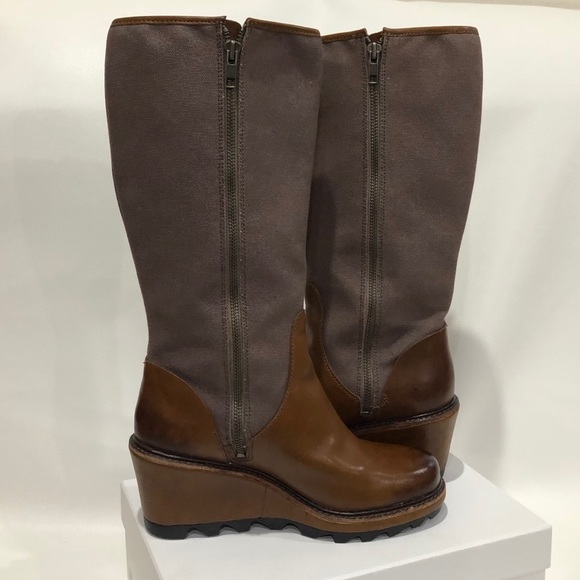 Sorel Lux Leather Wedged Boots Brown Side Zippers - Picture 4 of 16